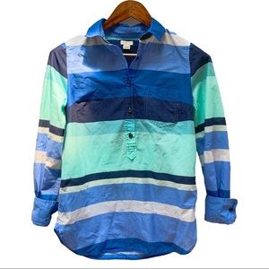 J. Crew Teal Blue Stripped Button Popover Blouse